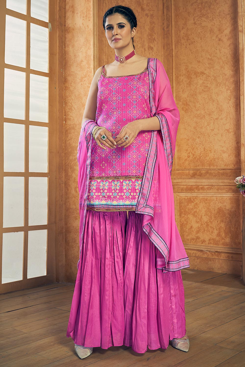 Pink Printed Chinon Silk Embroidered Sharara Suit