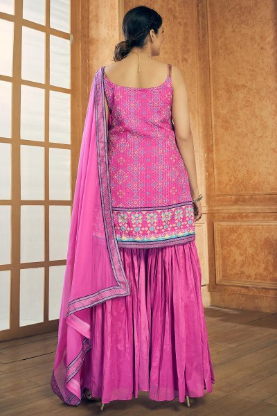 Pink Printed Chinon Silk Embroidered Sharara Suit