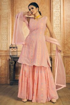 Soft Peach Georgette Embroidered Peplum Style Fusion Wear Suit