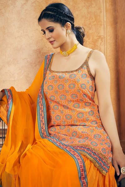 Orange Printed Chinon Silk Embroidered Sharara Suit