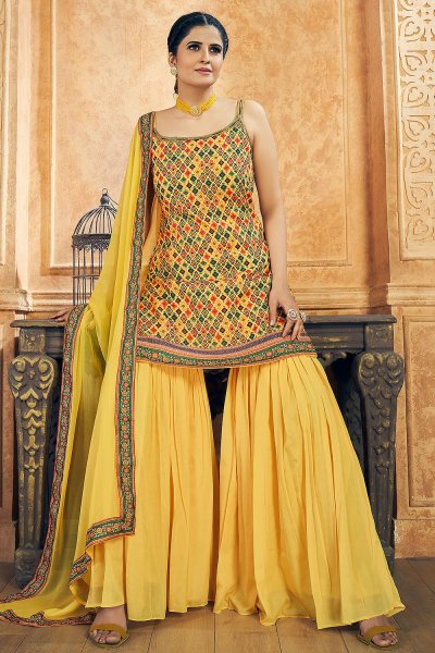 Yellow Printed Chinon Silk Embroidered Sharara Suit