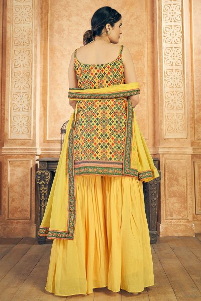 Yellow Printed Chinon Silk Embroidered Sharara Suit