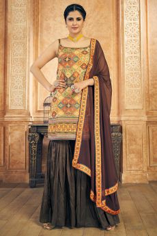 Multicolor Printed Chinon Silk Embroidered Sharara Suit