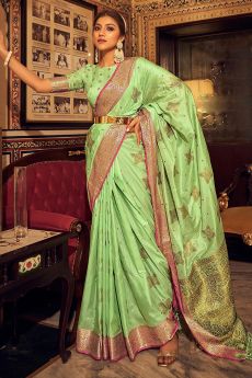 Pista Green Weaved Tussar Silk Saree