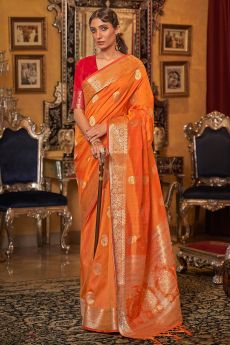 Orange Weaved Tussar Silk Saree
