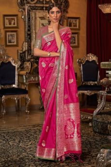 Pink Weaved Tussar Silk Saree