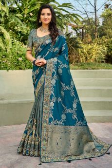 Prussian Blue & Grey Banarasi Silk Saree With Embroidery
