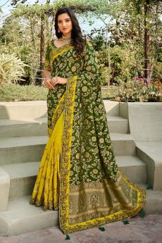 Lemon Yellow & Mehendi Green Banarasi Silk Saree With Embroidery