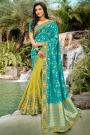 Lime Green & Turquoise Banarasi Silk Saree With Embroidery