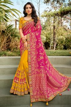 Mustard & Pink Banarasi Silk Saree With Embroidery