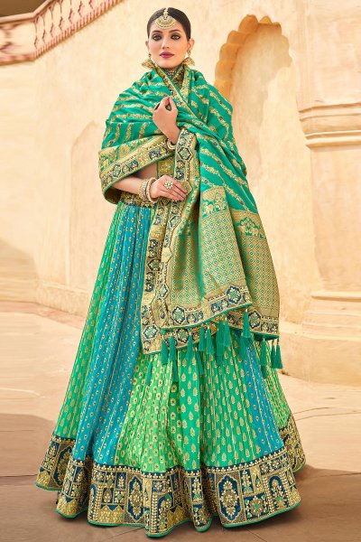 Multicolored Blue & Green Banarasi Silk Embroidered Lehenga Choli