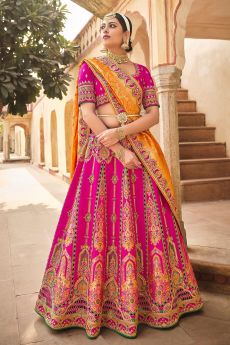 Pink & Mustard Banarasi Silk Embroidered Lehenga Choli