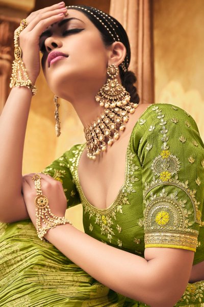 Lime Green Banarasi Silk Embroidered Lehenga Choli