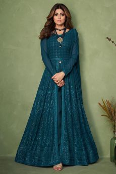 Prussian Blue Georgette Embroidered Anarkali Dress