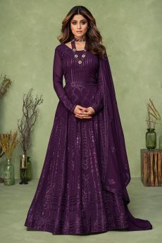 Plum Georgette Embroidered Anarkali Dress