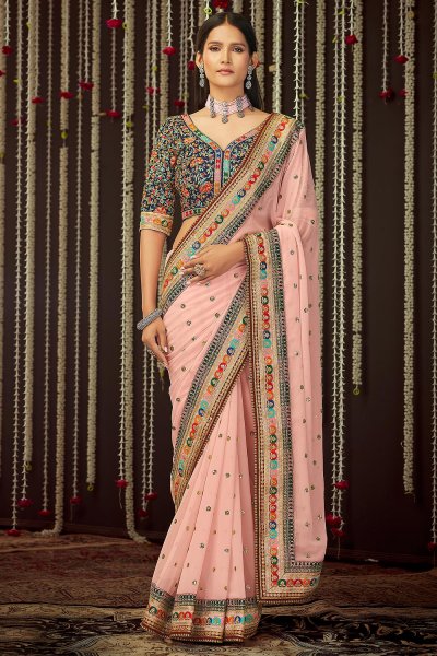 Light Pink Georgette Embroidered Saree
