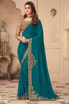 Teal Georgette Embroidered Saree