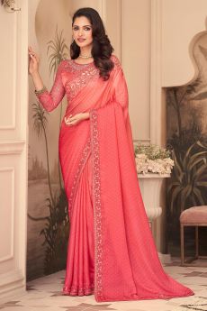 Coral Silk Embroidered Saree