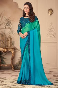 Blue & Green Ombre Silk Embroidered Saree