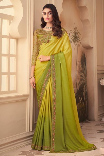 Yellow Ombre Silk Embroidered Saree 