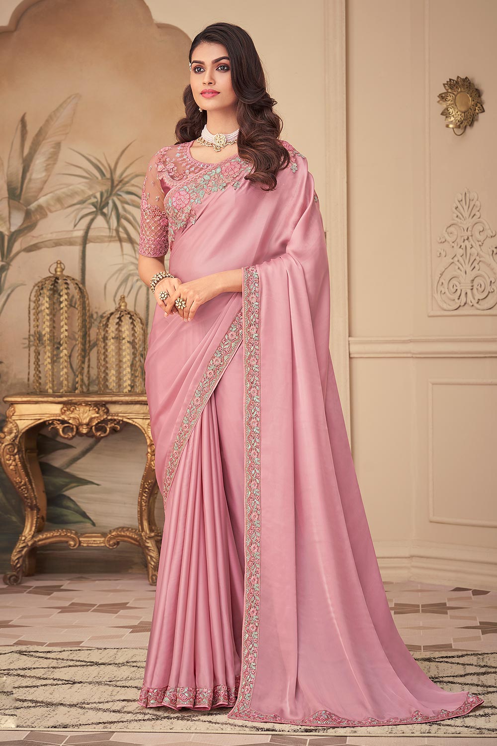 Light Pink Silk Embroidered Saree