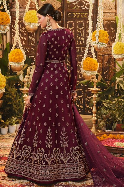 Deep Wine Net Embroidered Anarkali Dress