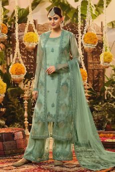 Aqua Satin Embroidered Suit With Net Jacket