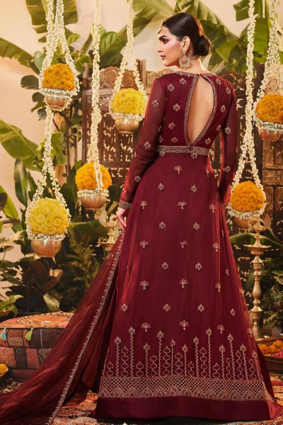 Maroon Net Embroidered Anarkali Dress