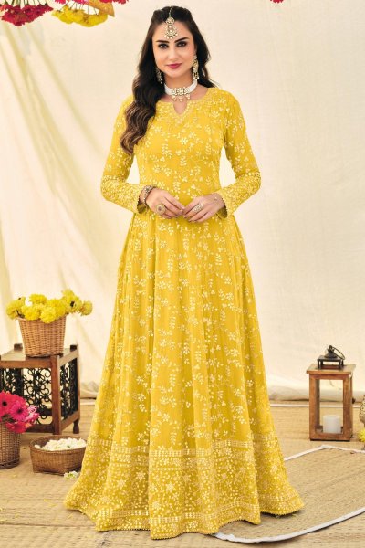 Yellow Georgette Embroidered Anarkali Dress With Dupatta