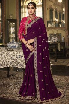 Plum Embroidered Silk Saree With Jacket Style Blouse