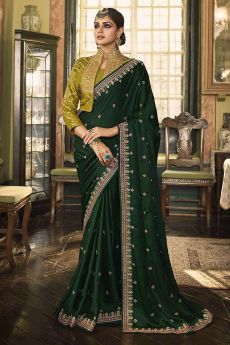 Bottle Green Embroidered Silk Saree With Jacket Style Blouse