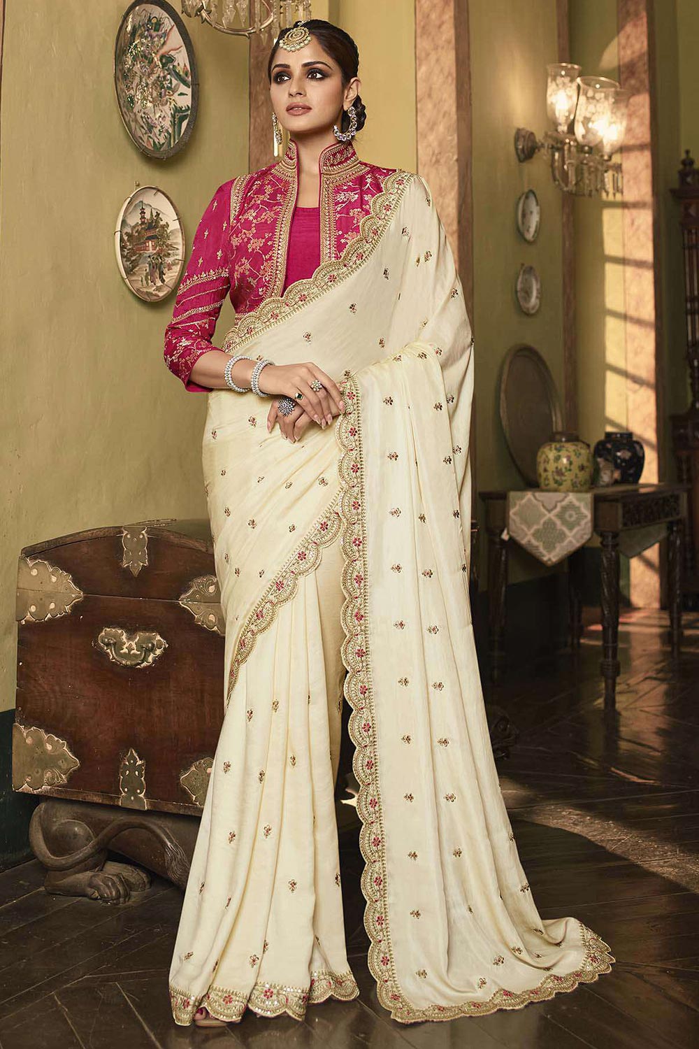 Off White Embroidered Silk Saree With Jacket Style Blouse