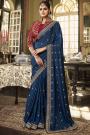 Prussian Blue Embroidered Silk Saree With Jacket Style Blouse