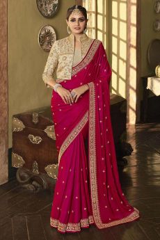 Red Embroidered Silk Saree With Jacket Style Blouse