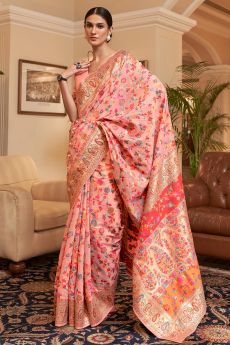Peach Silk Kashmiri Weaved Saree