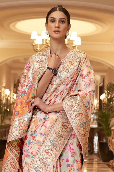 Cream Silk Kashmiri Weaved Saree