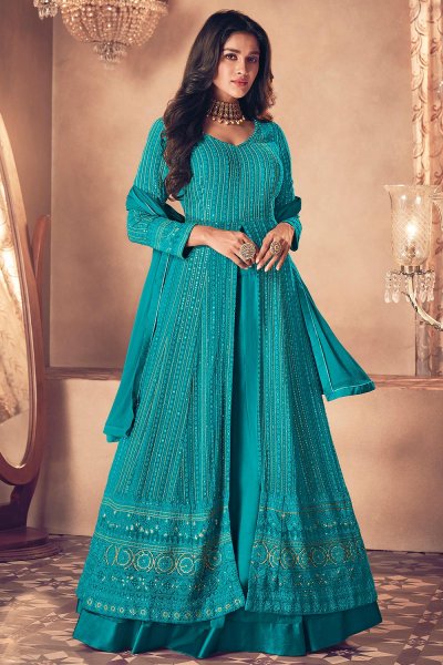 Turquoise Embellished Georgette Anarkali Suit with Skirt