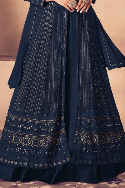 Navy Blue Embellished Georgette Anarkali Suit with Skirt