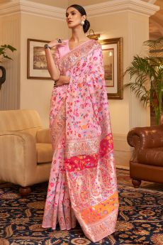 Light Pink Silk Kashmiri Weaved Saree