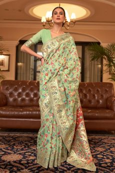 Pista Green Silk Kashmiri Weaved Saree