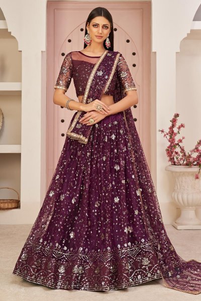 Wine Net Embroidered Lehenga Set