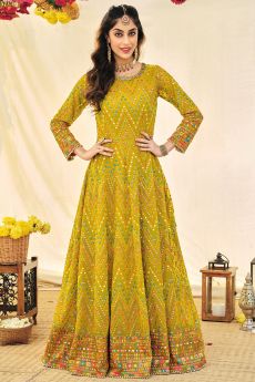 Mustard Georgette Embroidered Anarkali Dress With Dupatta