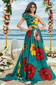 Teal Floral Georgette Cocktail Maxi Style Dress