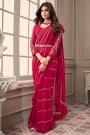 Pre-Draped Indo Western  Red Pink Georgette Designer Embellished Saree With Belt