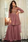 Ready To Wear Rosewood Pink Georgette Embroidered Peplum Style Sharara Suit