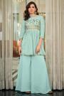Ready To Wear Aqua Blue Georgette Embroidered Peplum Style Sharara Suit