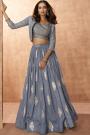 Ready To Wear Steel Blue Silk Top & Skirt Set With Jacket