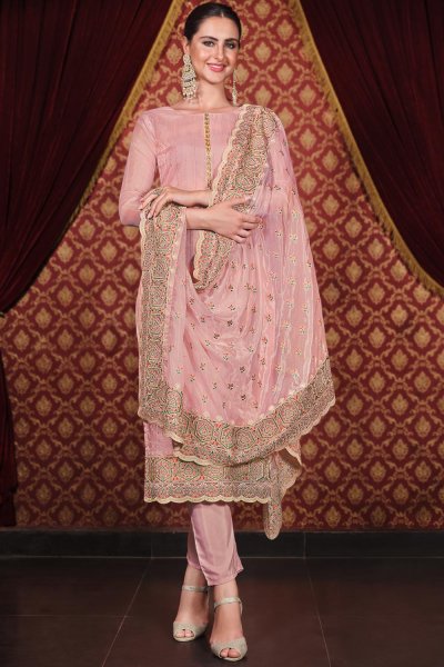 Buy Blush Pink Embroidered Organza Silk 