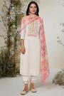 White Jacquard Cotton Embroidered Kurta Set With Pink Dupatta