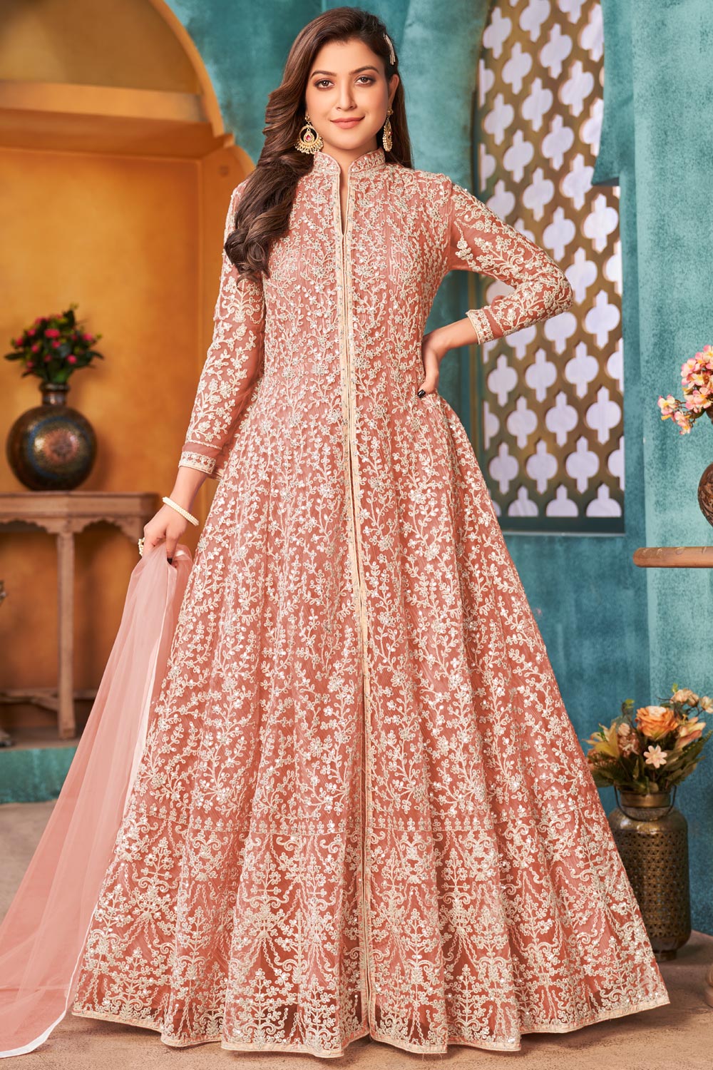 Net Brownish Peach Floor Length Sangeet Wear Anarkali Suit